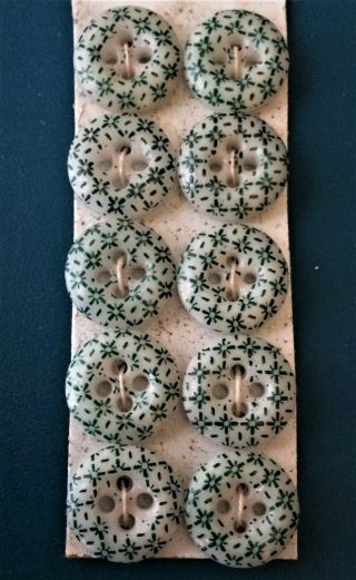 Antique Calico China Buttons - 10 Matching Unique Green Pattern