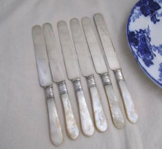 Antique Meriden Cutlery Mother Of Pearl & Sterling Silver Blunt Dinner Knife Set