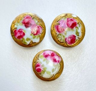 Set Of (3) Antique Porcelain Hand Painted Pink Flower Buttons 1 " & 7/8 " G05