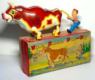 Rare Vintage Mikuni Mechanical Wild Roaring Bull And Boy Windup Tin Toy1950