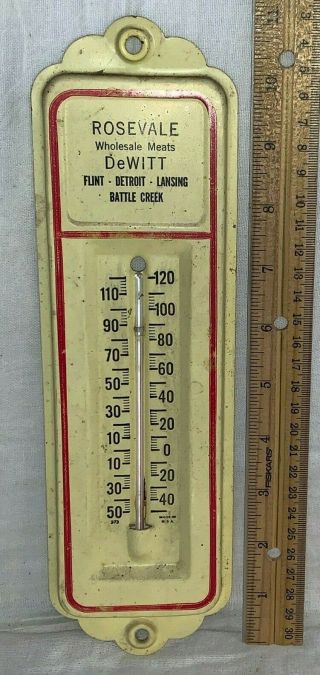 Antique Rosevale Meats Tin Litho Thermometer Sign Michigan Flint Lansing Detroit