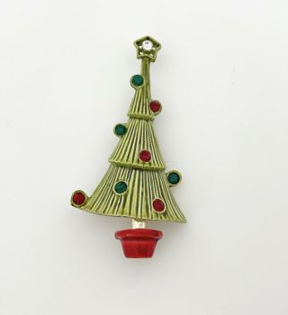 Vintage Retro Christmas Tree Brooch Pin Green And Red Enamel Rhinestones Rare