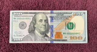 2013 100 Dollar Bill Very Low Binary Serial Number Mk00000999c Rare Circulated