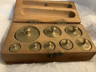 Antique Brass Balance Weights In Wooden Box Set Of 8,  In Kg