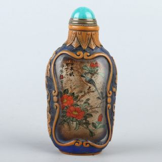 Chinese Exquisite Handmade Flower Bird Pattern Glass Snuff Bottle