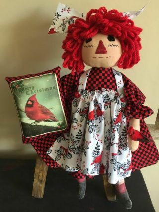 Primitive Raggedy Ann Christmas Cardinal Annie Doll W/pillow Ornie