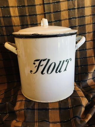 Antique Enamelware Flour Bin/bucket With Lid,  Blue Rim/black Letters