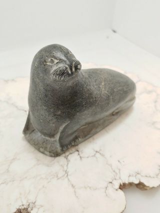 Vtg RARE Carved Grey Soapstone Seal Canada Inuit Eskimo Art Statue Sculpture 2