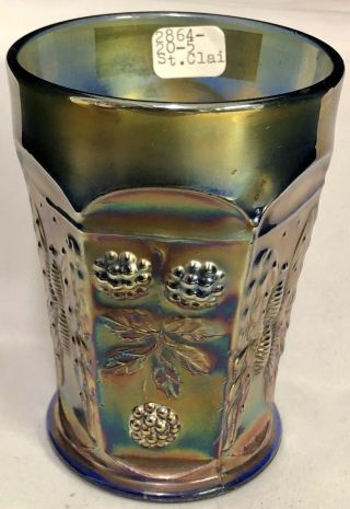 Antique Carnival Glass Joe St Clair Butterfly & Berry Cobalt Blue Tumbler Scarce