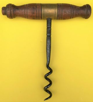 Antique Iron Corkscrew With Wooden Handle And Brass Fitting Haff M 