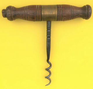 Antique Iron Corkscrew with Wooden Handle and Brass Fitting Haff M ' F ' G Co.  N.  Y. 3