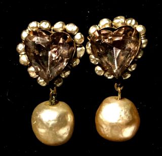 Rare Vintage 1 - 3/4 " Signed Miriam Haskell Pearl Purple Glass Heart Earrings A39