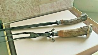 Antique Sterling Silver 925 Stag Antler Handle Carving Fork And Sharpener 1117