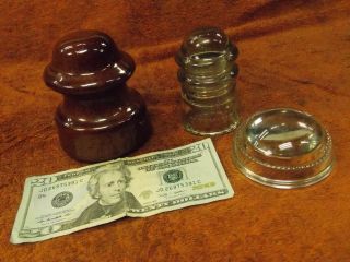 3 Antique Electrical Telephone Line Insulators Glass Pyrex Maydwell Porcelain