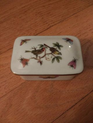 Antique Herend Hungary Porcelain Hand Painted Bird Insects Jewelry Trinket Box