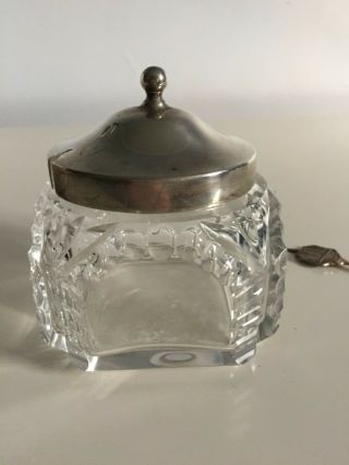 Cut glass preserves pot with a hallmarked silver top 3