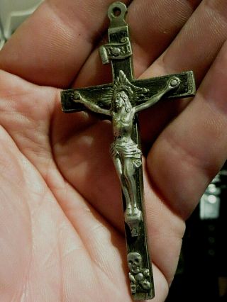 Antique French Crucifix Cross Pendant,  Scull Bones - Silver Plated Bronze Ebony