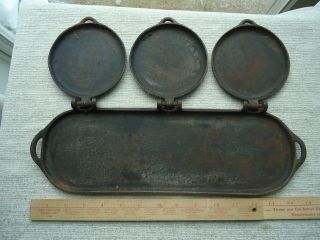 Rare Antique 1881 S Mfg Co York Cast Iron 3 Plate Flop Griddle Pancake Pan 2