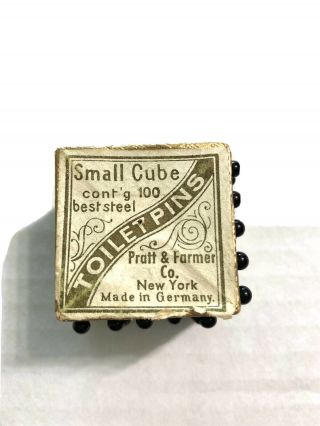 Victorian Sewing Small Cube W/53 Black Glass Head Toilet Pins Germany Antique