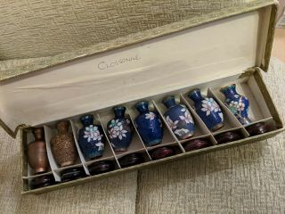 8 Vintage Chinese Miniature Cloisonne Vases Box With Stands 1950 Collectibles