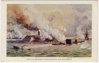 1907 Battle Between Monitor Merrimack Merrimac Ironclad Civil War Rare Postcard