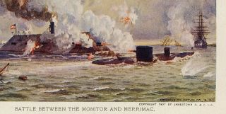1907 Battle Between Monitor Merrimack Merrimac Ironclad Civil War RARE Postcard 3