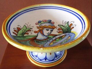 Antique Italian Majolica Faience Pottery Pedestal Bowl Roman Soldier Signed