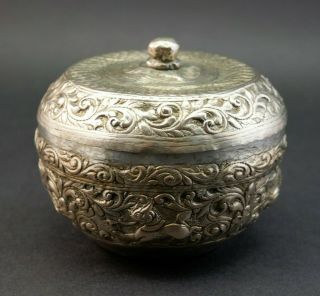 Finely Decorated Antique Burmese Shan Repousse Solid Silver Betel Lime Box