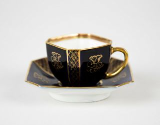 Antique Fraureuth Saxony Cobalt Blue & Gold Porcelain Demitasse Cup & Saucer