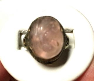 Antique Chinese Silver Carved Rose Quartz Filigree Ring