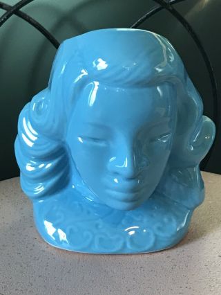 Vintage Mid Century Modern Tiki Vase Woman’s Head Blue Glaze Ceramic Rare