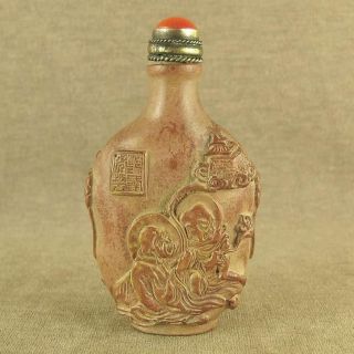 Carved With Buddha Figure Chinese In Old Stone Snuff Bottle,  Red Coral Top Lid