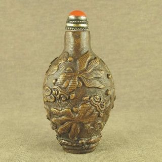 With Carved Fish,  Old Double Side Carving Stone Snuff Bottle,  Red Coral Top Lid