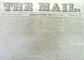 2 Rare 1833 Newspapers The Hagerstown Mail Washington County Maryland