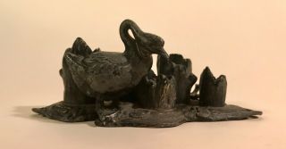 Japanese Bronze Flower Frog Asian Goose With Tree Trunks Meiji Period