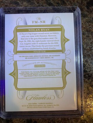 2020 Panini Flawless Nolan Ryan On Card Auto And Uniform Patch 3 Of Only 3 Rare 2