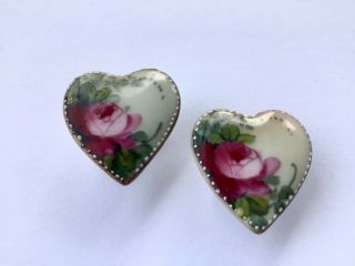 Antique Victorian Heart Shape Buttons Studs Hand Painted Pink Roses Porcelain