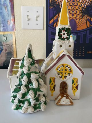Rare Vintage Dept 56 Steeple Church Tree Ceramic Christmas Snow Village
