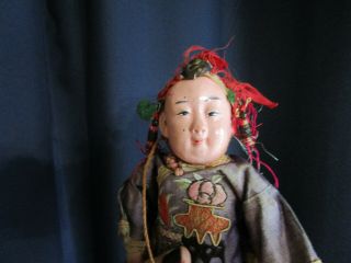 Antique Composition Chinese Boy Doll In Embroidered Silk Clothes - 9”