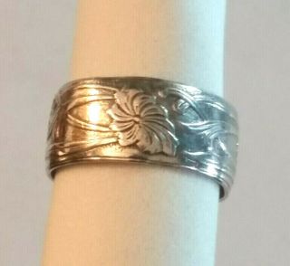 Antique Art Nouveau Sterling Silver Ring Flower Wide Band Sz 4 3.  5g 925 525