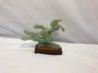 Antique Carved Jade Jadeite Green Glass Galloping Running Horses Wood Stand