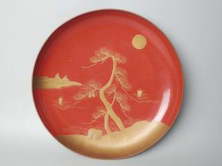 Japanese 20.  5cm 8.  1” Antique Red Lacquered Single Wood Plate Gold Gilt Makie 10