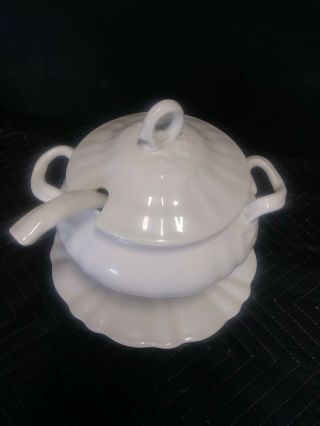 Antique 1959 N S Gustin Co Ceramic 4 Piece White Soup Tureen Ladle Lid & Bottom
