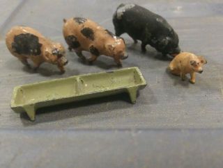 Vintage Antique Painted Lead Metal Miniature Barnyard Animals 4 Pigs,  Trough