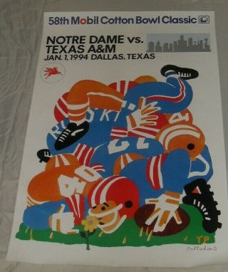Rare Notre Dame Vs Texas A&m 58th Mobil Cotton Bowl Classic Jan.  1,  1994 Poster