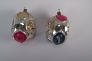 2 Antique Mercury Glass Christmas Ornaments Triple Indented Flowers - - Germany