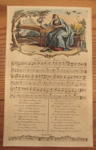 Antique Sheet Music Hand Colored Engraving Love And Music Early English Song