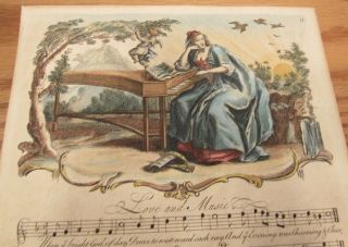 Antique sheet music hand colored engraving Love and Music Early English song 2