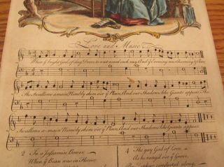 Antique sheet music hand colored engraving Love and Music Early English song 3