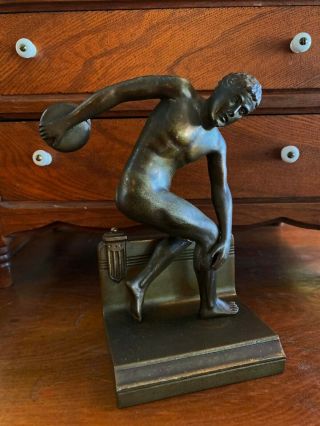 Antique 1924 Jb Jennings Brothers Bronze Finish Discus Thrower Single Bookend